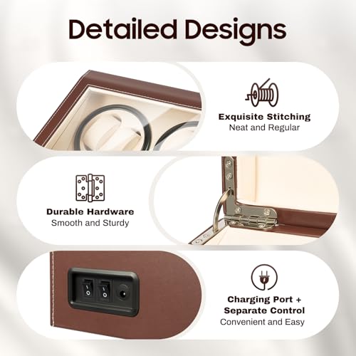 SanBouSi Remontoir automatique pour 4 montres + 6 emplacements de rangement supplémentaires, fenêtre en verre transparent, super silencieux, pour homme et femme, marron – vue 7