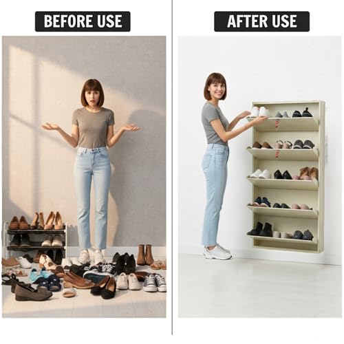 Image of 4 Door Wall Mounted Metal Shoe Rack Cabinet with Lock | Space Saving Shoe Storage Cabinet for Home, Entryway & Balcony | Dustproof Ventilated Shoe Organizer | Ivory | 52 x 26 x 6 Inch