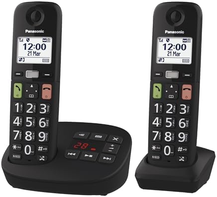 Panasonic KX-TGU132EXB digitales schnurloses Telefon mit Anrufbeantworter, Basisstation & 2 Mobilteile, LCD-Display, große Tasten, Favoriten-Taste, hörgerätekompatibel, Schwarz