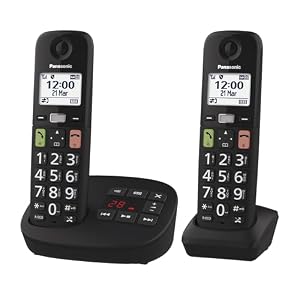Panasonic KX-TGU132EXB digitale draadloze telefoon met antwoordapparaat, basisunit en 2 toestellen, LCD-scherm, grote knoppen, favoriete oproep, gehoorapparaat-compatibele functie, zwart