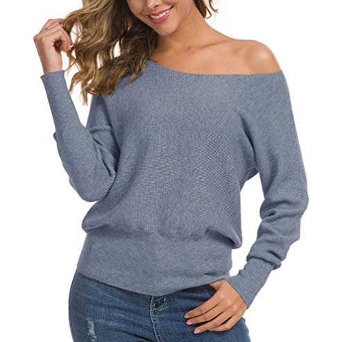 Feiersi Women's Off Shoulder Loose Pullover Sweater Long Sleeve Knit Jumper Tunics Top (Silver Grey,2X-Large) #TOP9