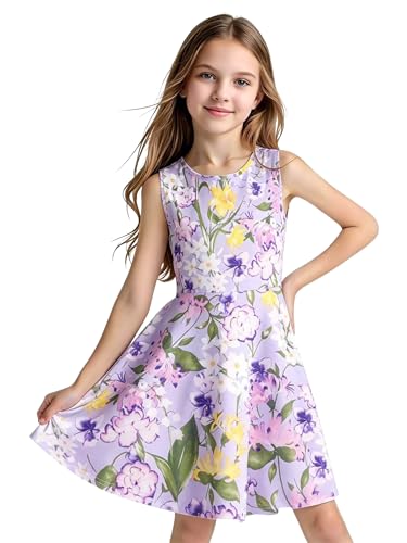 Image of tiorhooe Girls Dress Floral Printed Dresses Teenager Casual Summer Swing Tank Sundress 5-12 Years (Purple1,5-6 Years)