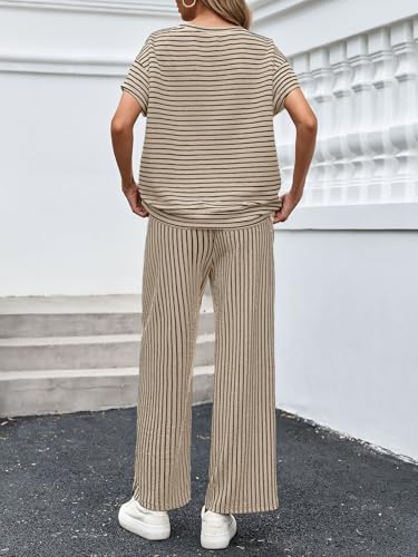 Image of Tankaneo Womens Striped 2 Piece Sets Short Sleeve T Shirts Wide Leg Pants Matching Lounge Set with Pockets