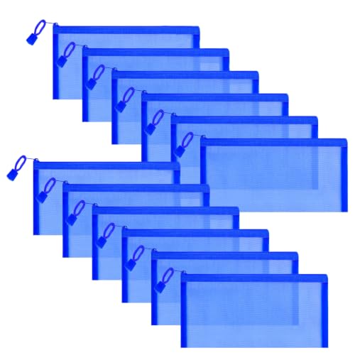 Sinzip 12 Pieces Zipper Nylon Mesh Pouch, Mesh Cosmetic Bags Makeup Bags Pencil Case, Multipurpose Travel Bags for Cosmetic School Office Supplies and Travel Accessories (Blue, B6)