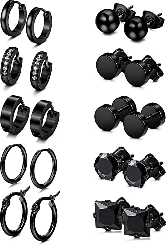 Adramata 10Pcs Acier Inoxydable Boucles d'Oreilles Pour Homme Femme, Zircon Piercing Boucles Oreilles Noir et Argent,B