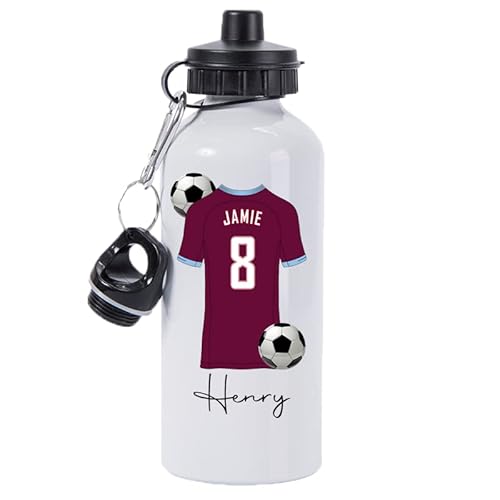 Pickhut Personalised Football 600ml White Aluminium Sports Water Bottle Back to School Gift for Kids, Customised with Name/Number/Text with Football Shirt Maroon Jersey Kit (D23)