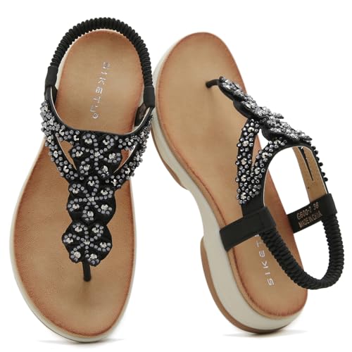 Image of ZDQ Sandals for Women Summer Ladies Bohemian Flat Sandals with Rhinestone Comfortable Arch Support Slip On Holiday Sandals Black 6
