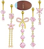 BSJ4U Belly Button Rings Gold Plated Pink CZ Belly Rings for Women Bow Flower Butterfly Teardrop Dangle Navel Belly Button Piercing Jewelry