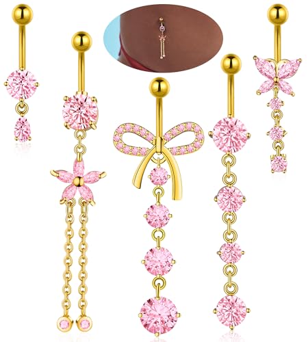 Belly Button Rings Gold Silver Pink Clear CZ Belly Rings for Women Heart Bow Flower Butterfly Teardrop Dangle Navel Belly Button Piercing Jewelry
