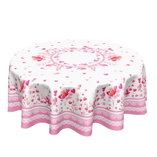 Ancordivo Valentine Round Tablecloth 70 Inch Pink Love Heart Floral Plants Circle Table Cloth Seasonal Holiday Valentine's Day Table Cover for Party Kitchen Dinner Home Decor
