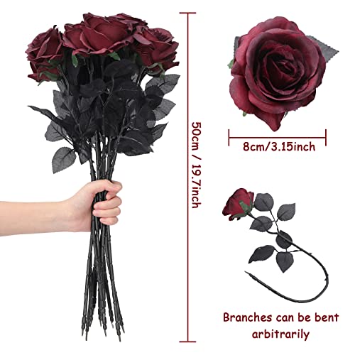 Roses artificielles rouge vin Whaline en soie à longue tige pour décoration | Lot de 12 - 3