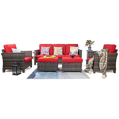 Joyside Patio Furniture Set 5-Piece Wicker Outdoor Furniture Conversational Sets With 3-Seat Sofa, 2 Armchairs, 2 Ottoman Patio Rattan Wicker Sectional Sofa Set With Waterproof Cover, Red #TOP1