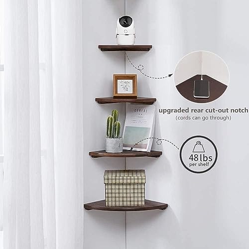 Image of Corner Shelves, Floating Corner Shelf, Set of 3 Solid Oak Wood Corner Wall Shelves, Round End with Wire Hole Shelving for Small Plant for Bedroom Kitchen, Living Room (Size 9 /10 /12in)