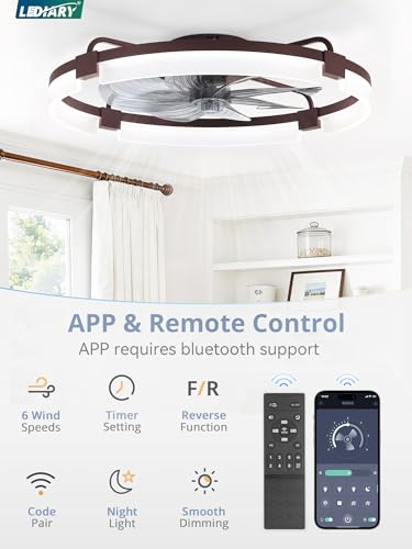 Image of LEDIARY 24 inch Ceiling Fans with Lights and Remote, Modern Low Profile Ceiling Fan, 3 CCT, Stepless Dimmable, Fandelier Flush Mount Fan Light, 6 Speeds, DC Motor, App & Remote Control for Bedroom(Brown)
