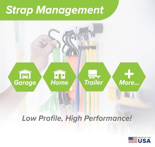 AV1 Hook Rail Strap Organizer (2-Pack) – Low Profile Tie Down, Ratchet & Bungee Cord Storage for Garage, Workshop, Home or Enclosed Trailer – Made in USA – Backed by Our Guarantee!