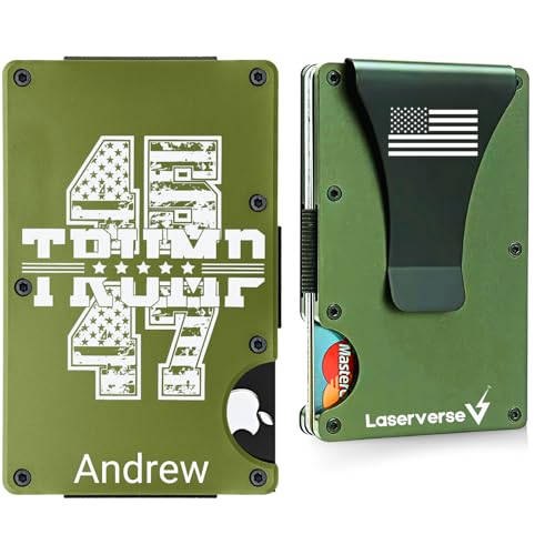 Trump 45 47 Engraved Wallet – RFID Blocking Metal Card Holder – Custom MAGA Slim Wallet for Men – AirTag Compatible Option – Patriotic Gift for Him (Army Green)
