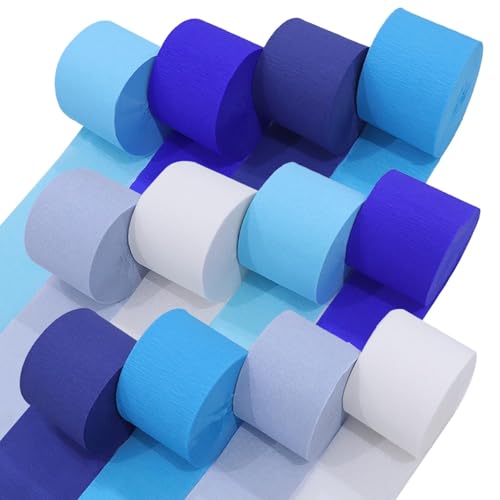 Image of 12 Blue White Streamers, 984ft Pack of Crepe Paper Party Decorations | Each roll is 82 ft long and 1.8 Inch wide ideal for Birthday Party Decor, Graduation Parties and Baby Showers