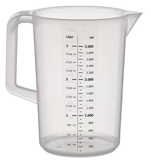 APS pichet doseur 3 litres, Ø 17,5 x H : 23,5 cm, pichet en plastique avec graduation en relief à l'extérieur, poignée fermée, graduation en 1 et ml litres, lavable au lave-vaisselle