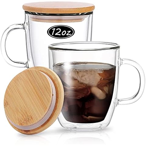 Wwyybfk Double Wall Glass Coffee Mugs,12oz Insulated Glass Espresso Mugs Cups with Handle Lid (Set of 2) for Cappuccino, Latte, Tea (340ml) Cover