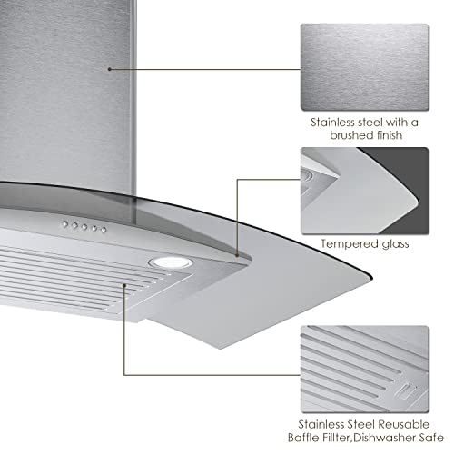 Soonye 30 Inch Wall Mounted Curved Glass Range Hood With 450 Cfm,Stainless Steel Kitchen Ductless/Ducted Convertible With 3 Speed Controls,Permanent Baffle Filters And 2 Led Lights #TOP4