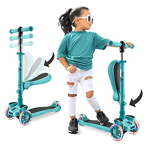 Hurtle Kids Scooter - Child Toddler Kick Scooter Toy with Foldable Seat - 3 Wheel Scooter with Adjustable Height, Anti-Slip Deck, Flashing Wheel Lights, for Boys/Girls 1-12 Year Old, Teal by Hurtle - Used condition - US$48.75
