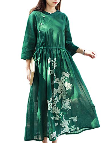 Image of LZJN Women's Retro Oriental Floral Positioning Printing 3/4 Length Sleeve Linen Midi Dresses with Drawstring (L)