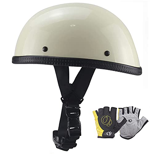 Casquette De Crâne De Demi-Casque Rétro Moto Pour Hommes Femmes Casque De Moto Ouvert Approuvé DOT/ECE Avec Des Gants Bonnet Ultra Mince Léger Sans Visière,Ivory white,L Cover