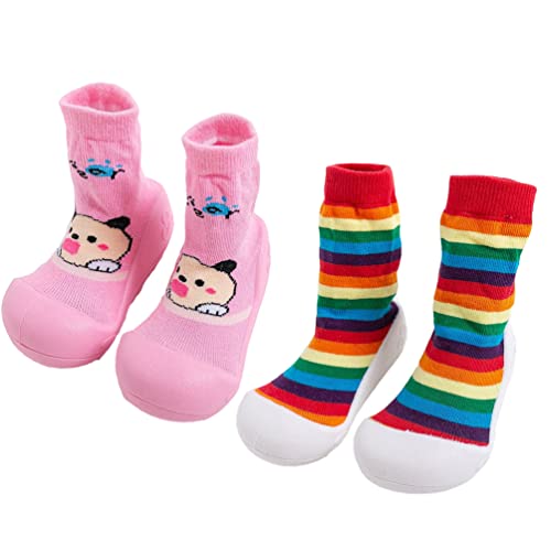 Chicone 2 Pairs Baby Socks Anti Skid Rubber Soft Sole Infant Slippers Prewalker Shoes Red Pink, M(16-24)Months) #TOP4