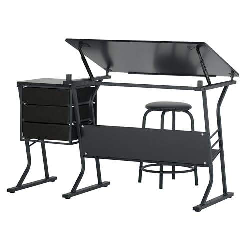 SD Studio Designs 2 Piece Eclipse Ultra Center/Drawing Table with Stool, Angle Adjustable Top, Storage Shelves, and Drawers