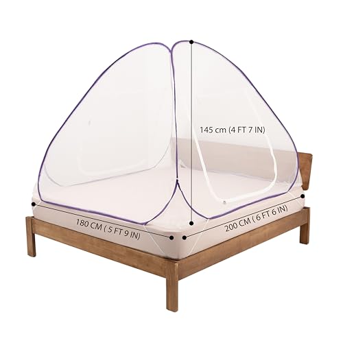 Image of Wakefit Mosquito Net for Double Bed | Queen Size Foldable Machardani | Polyester 30GSM Strong Net | Lightweight Breathable & Washable | PVC Coated Corrosion Resistant Steel Wire | Purple | 200x180 CM