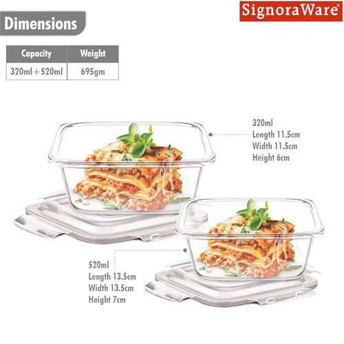 Image of Signoraware Safe Store Glass Square Containers | Airtight & Leakproof | Microwave Safe | Ideal for Reheating, Baking or Serving, Office Lunch & Outdoor Activities (320ml+520ml | Setof2 | Clear)