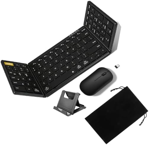 Universal Foldable Keyboard and Mouse with Travel Bag, Full-Size Portable Folding Wireless Keyboard Mouse Combo, Rechargeable Bluetooth for Laptop iPad Tablet, Android, Windows, iOS Compatible.
