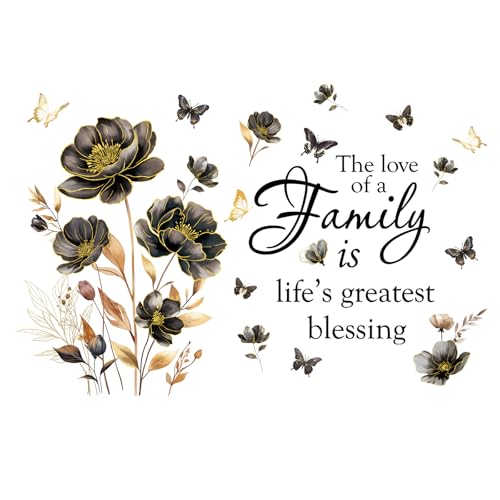 Image of FUFUQUARE Family Quote Wall Stickers Black Gold Flowers Butterfly ”The Love of a Family is Life’s Greatest Blessing” Inspirational Saying Wall Decals for Living Room Bedroom Dining Room
