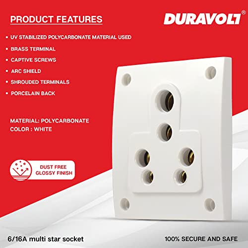 Image of Star 6 /16A 6 Pin Non Modular Electrical Multi Socket, White Colour,Polycarbonate Body, Porcelain Back,Heavy Duty,Suitable for Home & Office Use with Mounting Screws (5)
