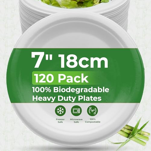 Image of PRIME FEEL 7 Inch (18cm) Disposable Paper Plates [120 Pack] - 100% Compostable Sugarcane Plates, Heavy-Duty & Eco-Friendly for Parties, Events, BBQs, Camping & Picnics