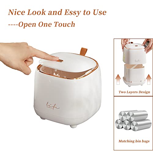 Mini Countertop Trash Can With 5 Rolls Of Trash Bags, Waste Can With Press Type Lid, 0.5 Gallon/1.5 Liter Wastebasket Trash Can Dispenser, Mini Bin For Bathroom Vanity,Coffee Table (White) #TOP1