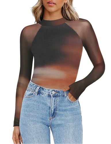 Zeagoo Shirts for Women Trendy Long Sleeve Mesh Mock Neck Tops Dressy Casual Tie Dye Fall Outfits