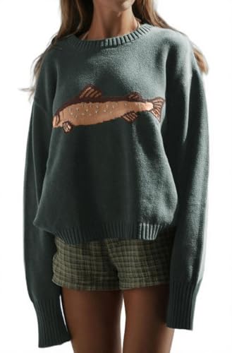 CHARTOU Women Fashion Crew Neck Rib Knit Crucian Carp Graphic Oversized Y2k Pullover Sweater Jumper (Small, Dark Green)