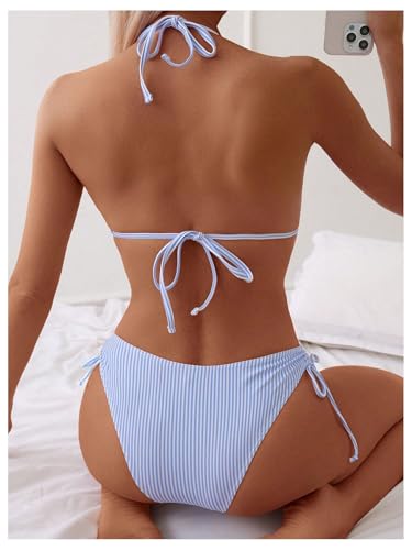 SweatyRocks Women's 2 Piece Bikini Set Striped Halter Triangle Swimsuit Backless High Cut Cheeky Bathing Suit2