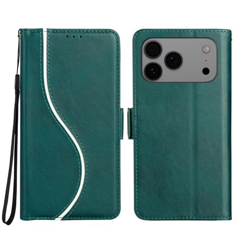 Étui portefeuille iPhone 17 Pro vert avec clapet magnétique et rabat arrière cuir