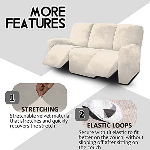 Ulticor 8-Pieces Recliner Sofa Covers Velvet Stretch Reclining Couch Covers For 3 Cushion Reclining Sofa Slipcovers Furniture Covers Thick Soft Washable (Ivory) #TOP3