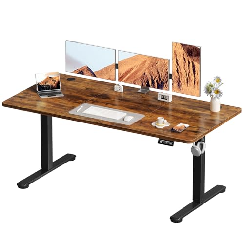 Devoko Electric Standing Desk 160x60cm Sit Stand Table Height Adjustable Desk with Backpack Hook and Memory Smart Pannel, Home Office Desk with Splice Board, Rustic Brown