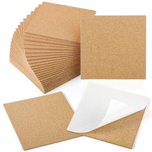 EgticLive 4 X 4 Inches Cork Sheets with Self Adhesive Backing 2mm Natural Cork Tiles Squares for DIY Coasters Craft Supplies Decor (30)