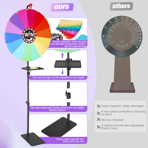 60 cm Glücksrad zum Drehen, 14 Farben personalisierte Anpassung, 3,5kg Metallständer Verstellbar von 85 - 160 cm, Drehendes Preisrad Bunt Fortune Wheel für Lotteriespiele Wortspiele Partys Karneval