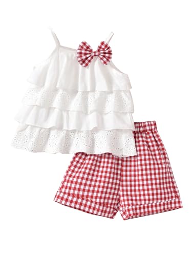 MakeMeChic Toddler Baby girls 2 Piece Plaid Bow Cute Outfit Eyelet Embroidery Ruffle Tiered Cami Top and Shorts Set