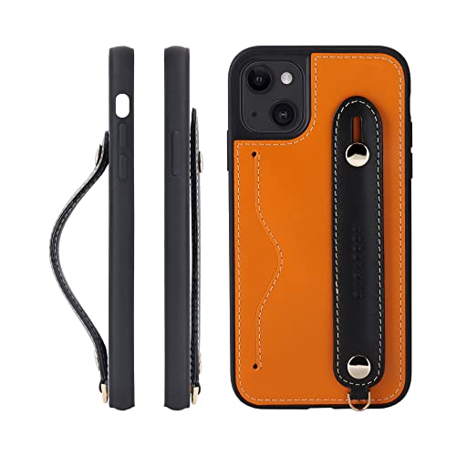 iPhone 14 ケース 本革 グリップケース レザー ストラップ付属 イタリア製牛革 ヌメ革 片手操作 カード収納 スタンド機能 メンズ レディース オレンジ/ブラック CGH-14-Orange-BK