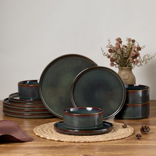 Image of E-far 12-Piece Plates and Bowls Sets, Stoneware Dinnerware Dishes Sets for 4, Kitchen Modern Dining Dishware, Chip & Scratch Resistant, Microwave & Dishwasher Safe, Blackish Green