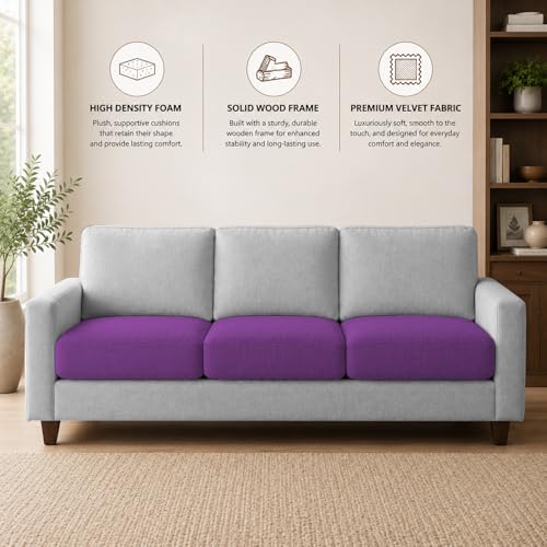 Image of Casaliving Gladino Modern Velvet Fabric Sofa, Tufted Design Upholstered 3 Seater Sofa Set for Living Room, Premium Velvet Fabric Sofa (Purple Grey)