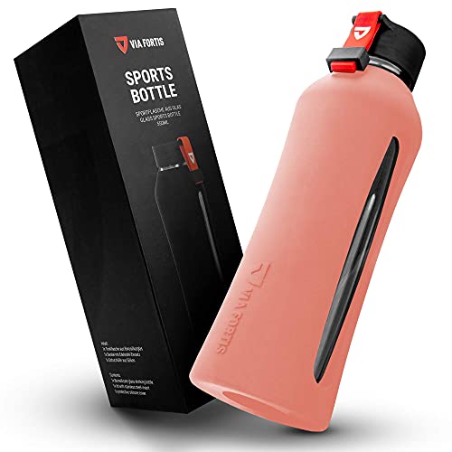 VIA FORTIS Botella de Vidrio con Funda de Silicona - Botella de Agua para el Deporte, Fitness, Gym, Bicicleta y Oficina - Irrompible y sin BPA - 550ml