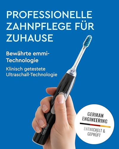 emmi-DENT Ultraschallzahnbürste I Black Diamond I Inkl. 75ml Ultraschall Zahncreme I Elektrische Zahnbürste ohne Schrubben I Zahnpflege sensible Zähne I Zahnreinigung mit bis zu 96 Mio. Schwingungen